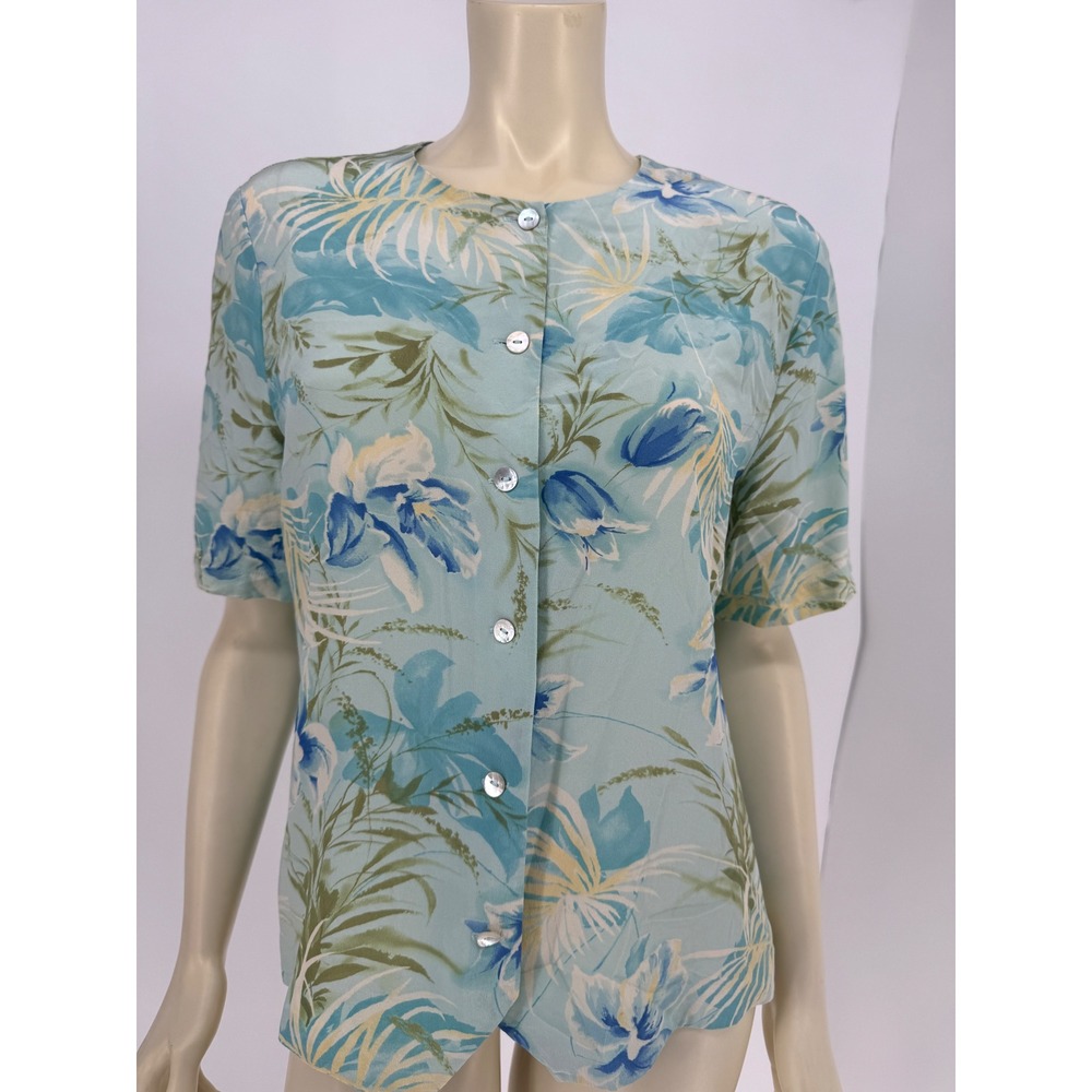 Vintage‎ 90s 100% Silk Tropical Leaf Blouse Short Sleeve Crewneck Blue Green 14